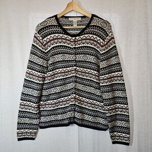 Josephine Chaus Womens Sz Large Cardigan Fair Isle Snap Closure Black White Red